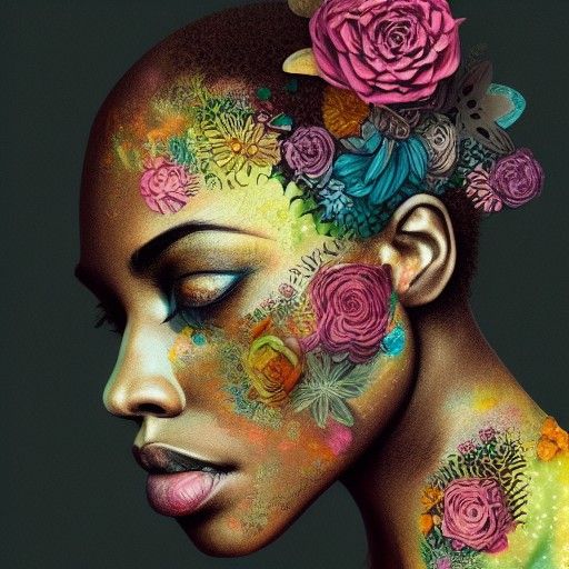 Colorful Mixed Media Portrait with Floral Elements
