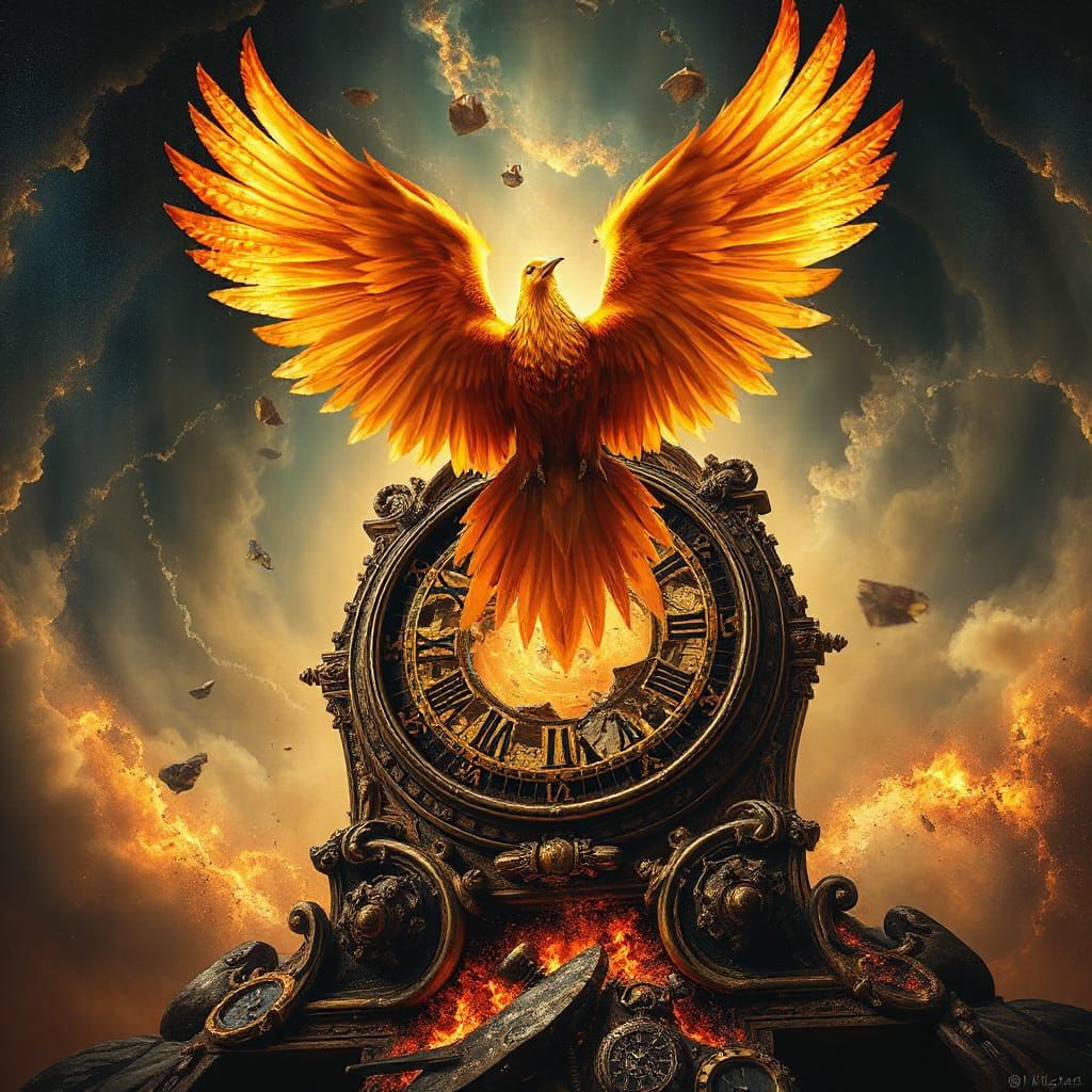 Phoenix Rises from Baroque Clock in Cosmic Vortex