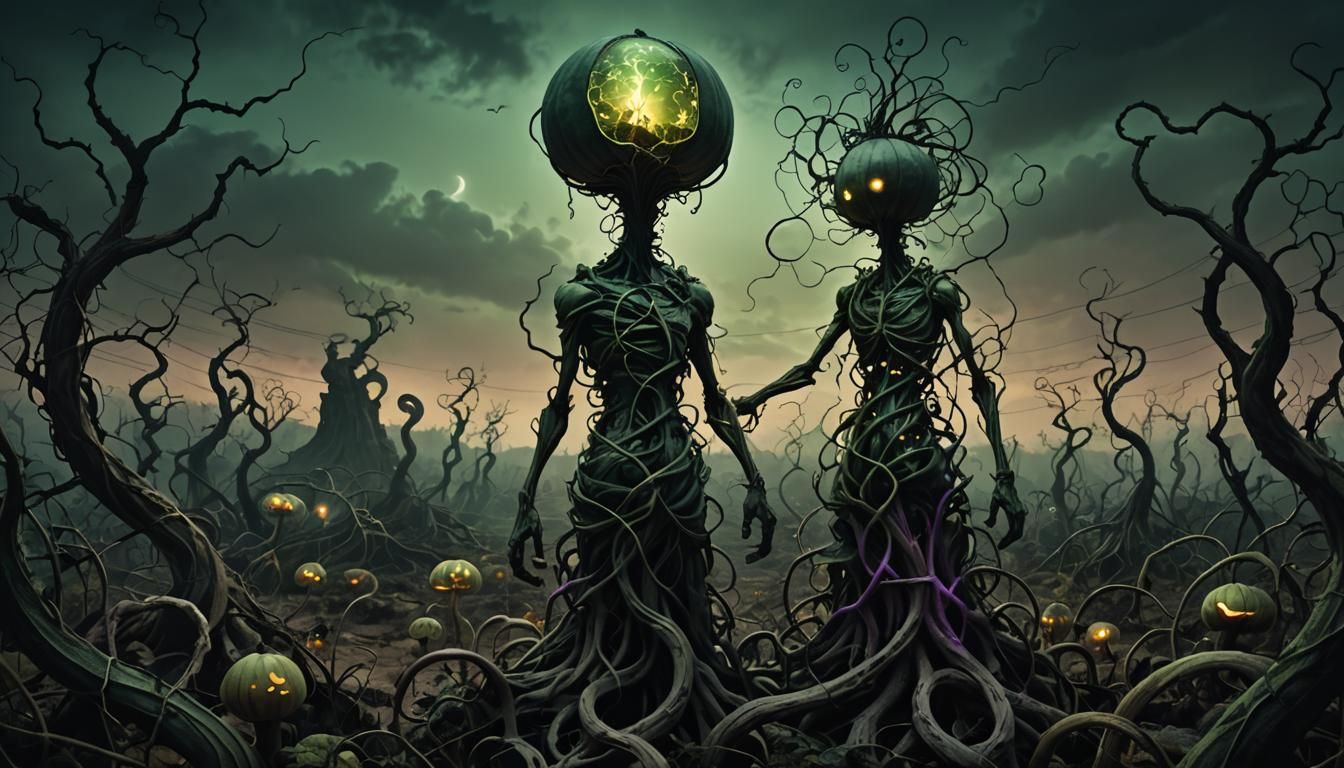 Gourd-Headed Figure in Dark Fantasy Landscape