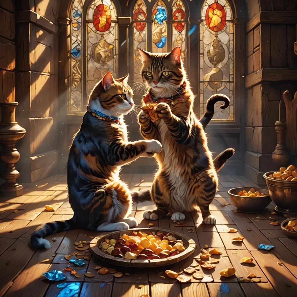Baroque Cats Fighting Over Food in Golden Light