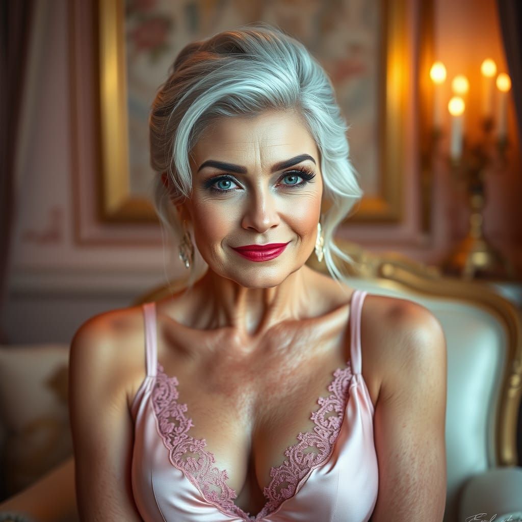 Elegant Woman in Silk Lingerie, Hyperrealistic Editorial Sty...