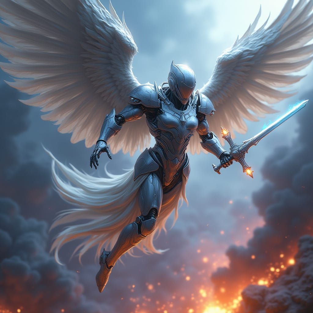 Cybernetic Angel Descends to Battlefield in Digital Art