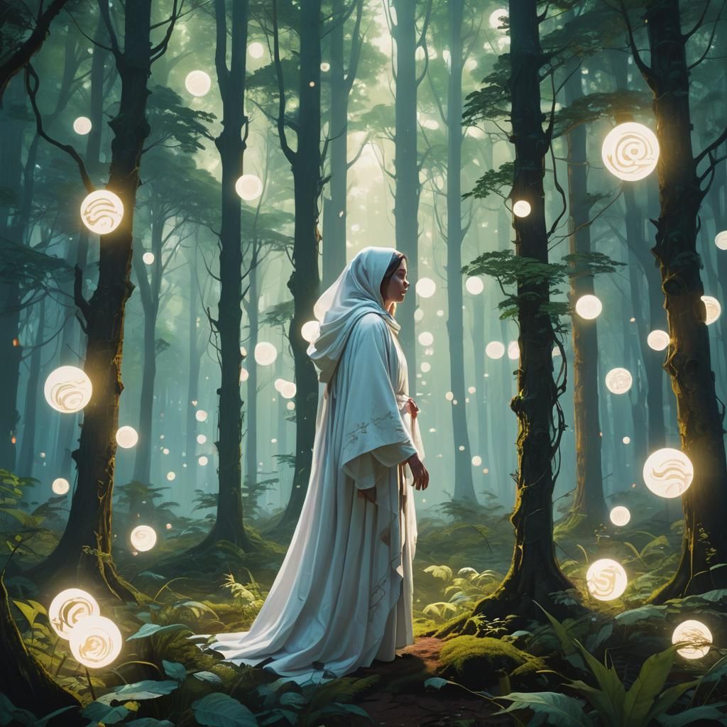 Ethereal Woman in Forest with Glowing Orbs