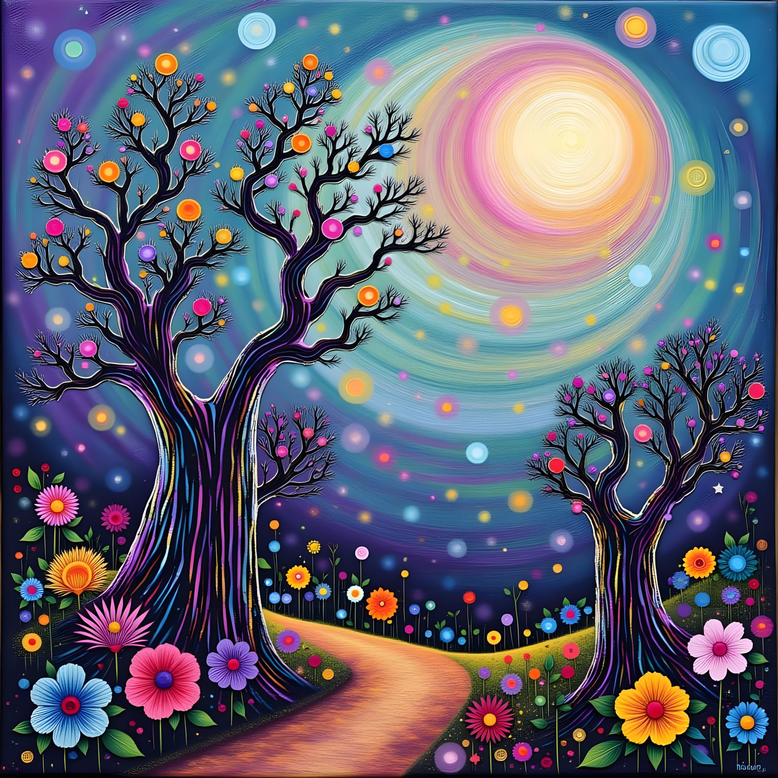 Surreal Whimsical Landscape with Twisted Trees and Vibrant C...