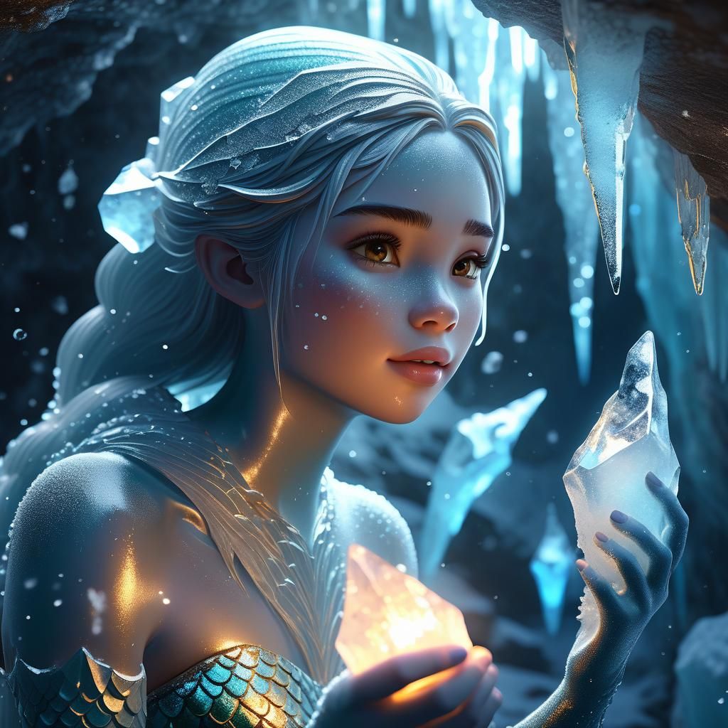 Icy Winter Mermaid in Cave: Digital Matte Painting