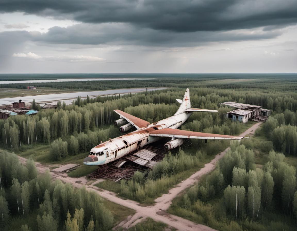 Abandoned Siberian Cityscape with Rusty Tupolev Plane
