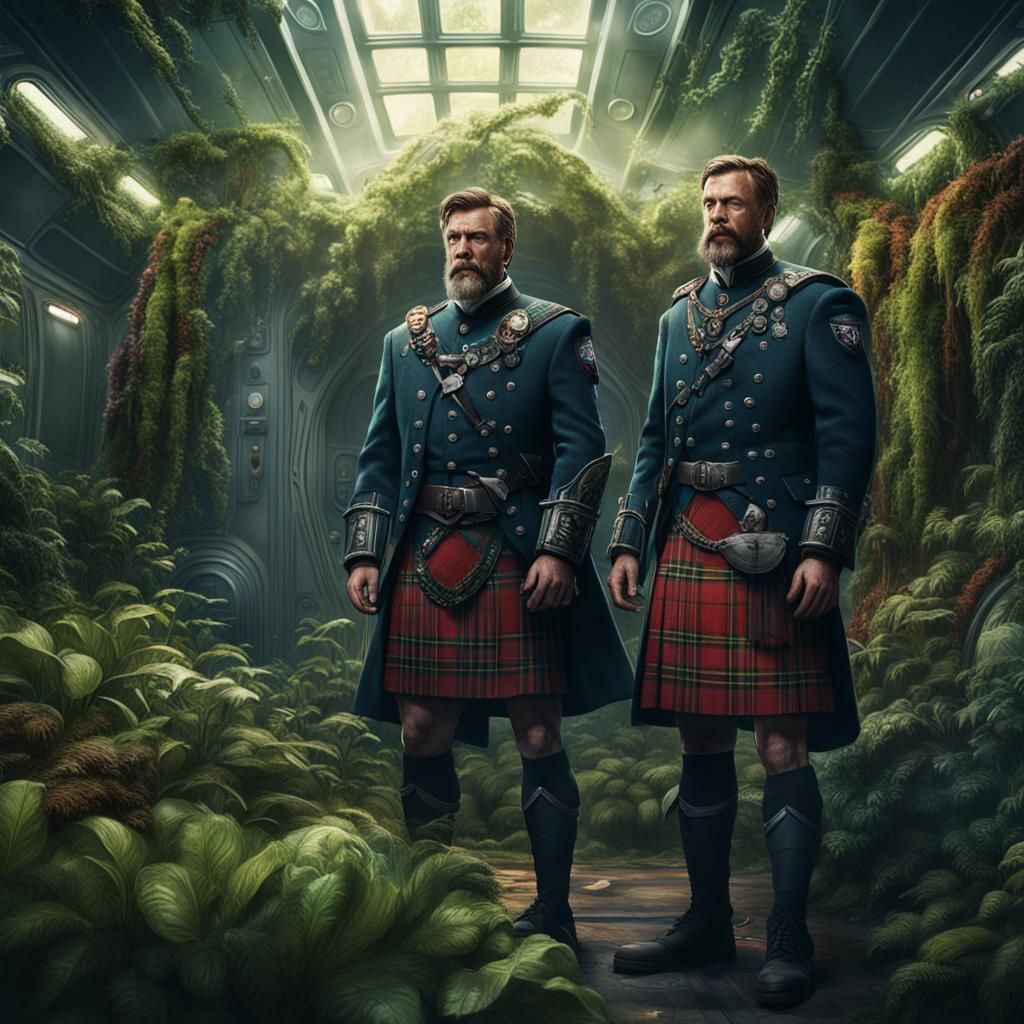 Scottish Men in Kilts Explore Overgrown Spaceship