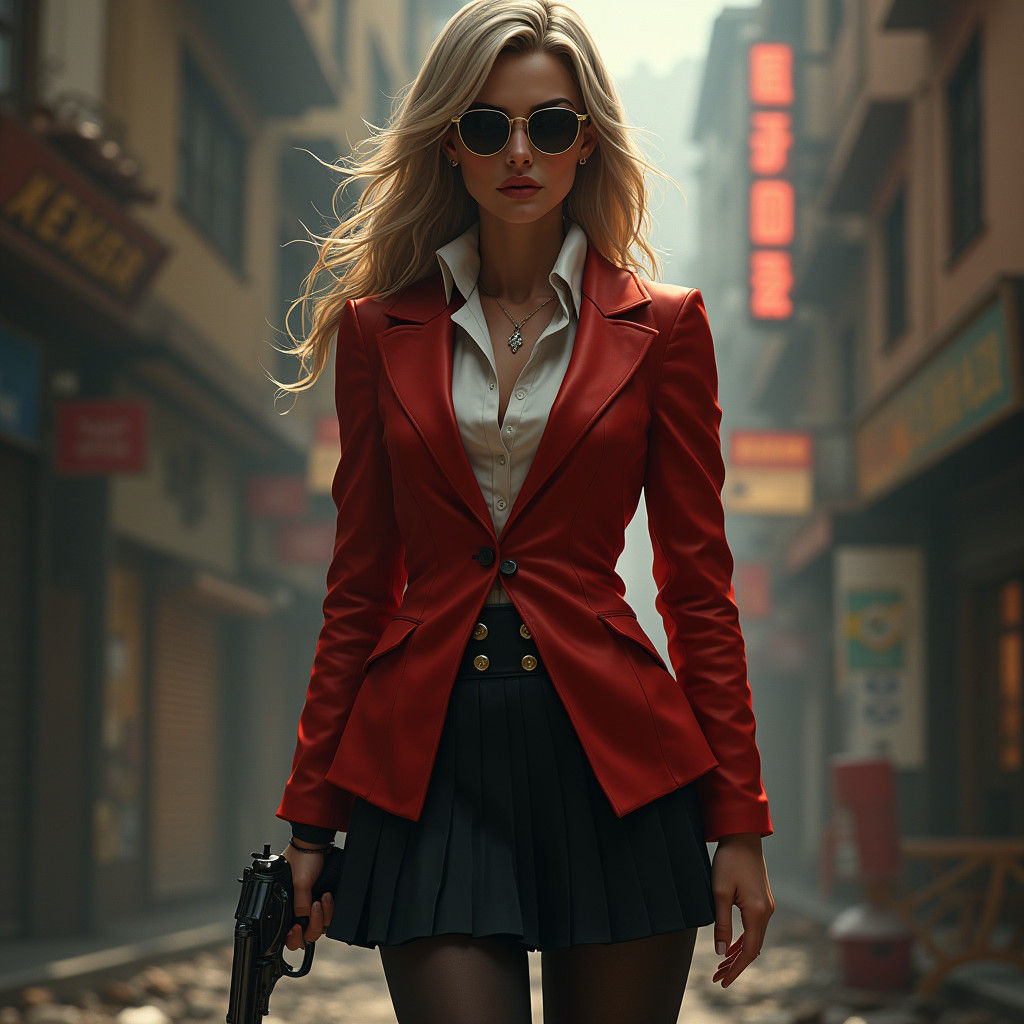 Stern Woman with Revolver as Detailed Painting