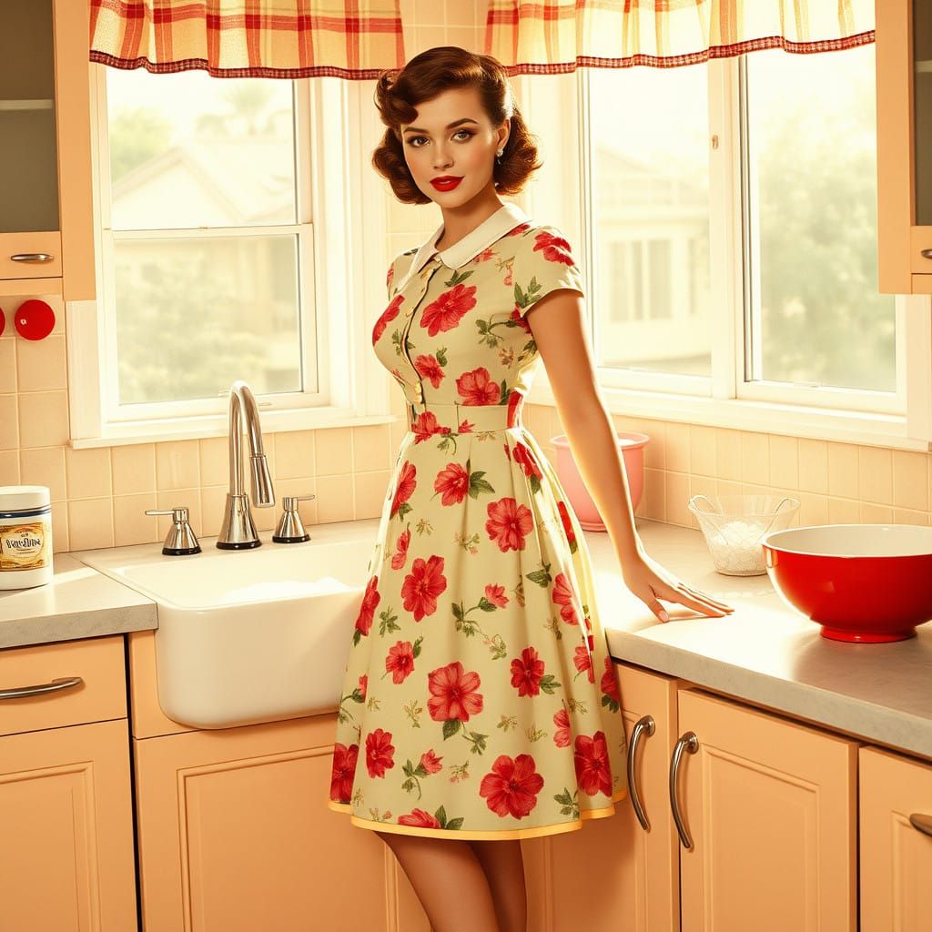 1950s Housewife Chic: Retro Homemaker in Floral Print Dress