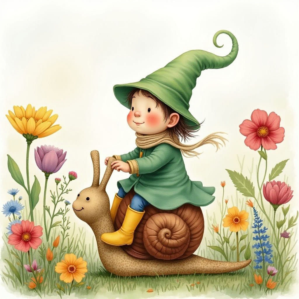 Gnome Rides Snail Through Floral Garden Watercolor