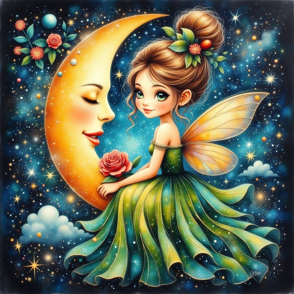 Enchanted Celestial Beauty in Whimsical Oil and Watercolor