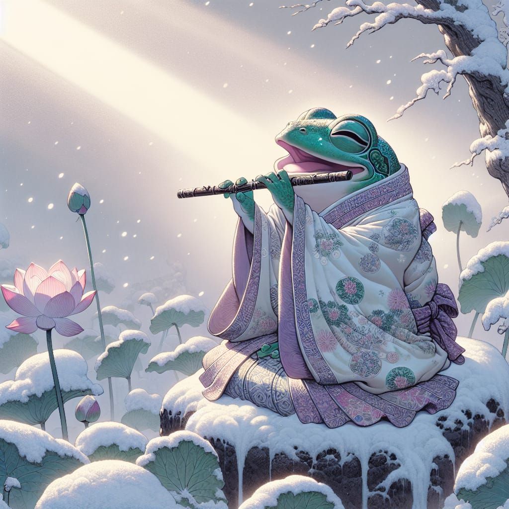 Frog Serenades with Flute in Whimsical Ukiyo-e Style