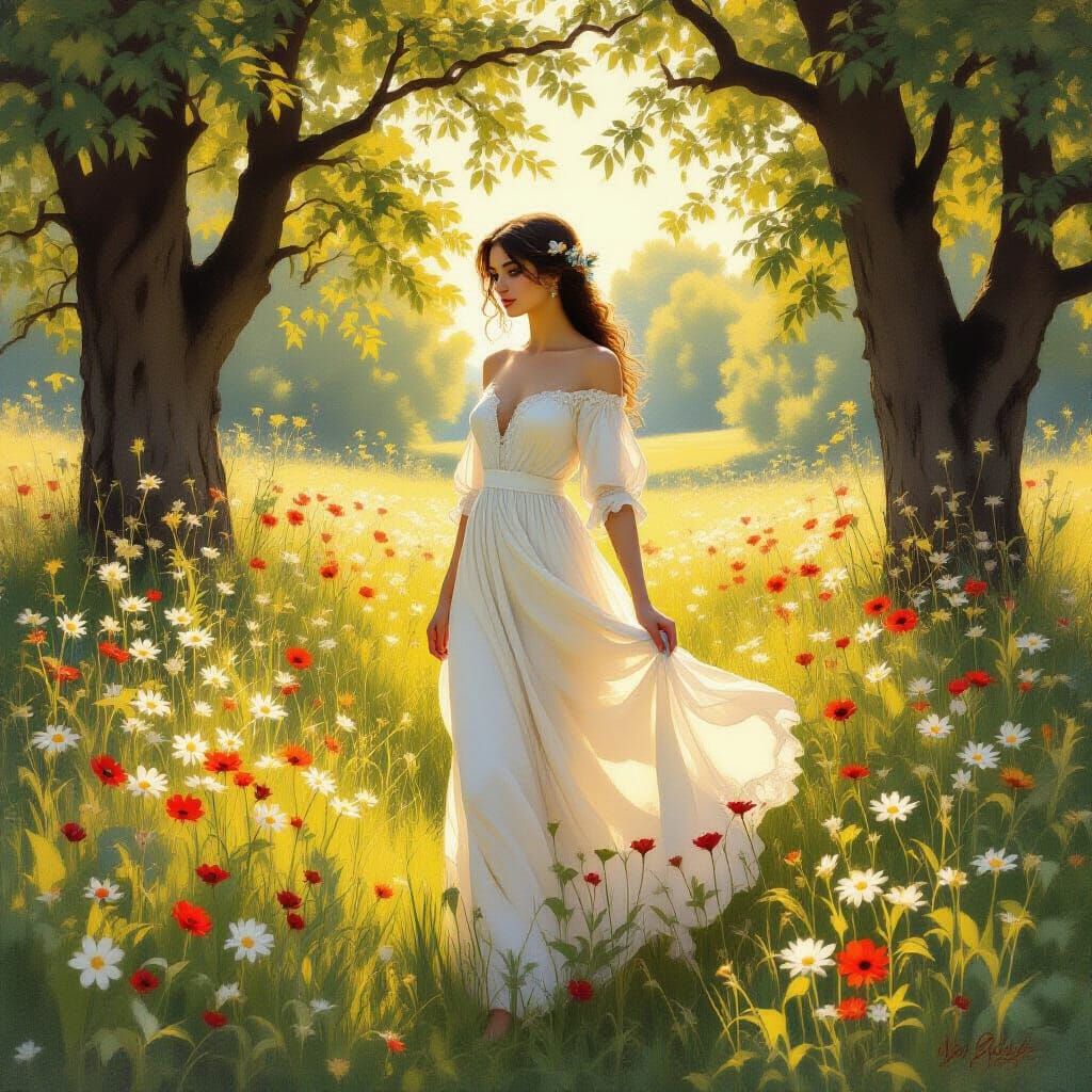 Woman in Sun-Dappled Meadow: Impressionistic Hyperrealism