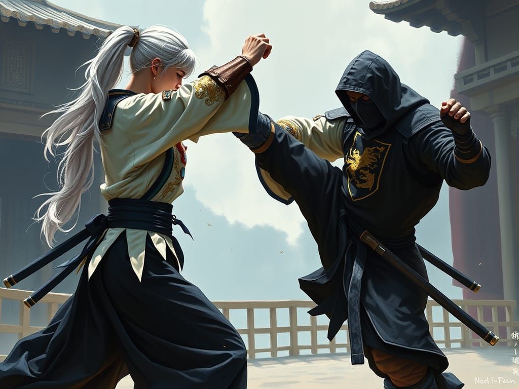 Female Samurai's Powerful Kick in Impressionist Style