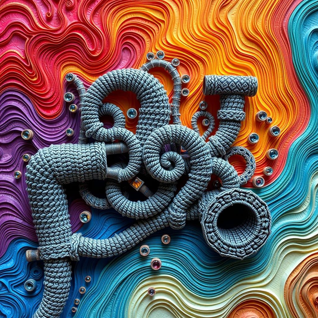 Intricate 3D Crocheted Pipes with Abstract Elements