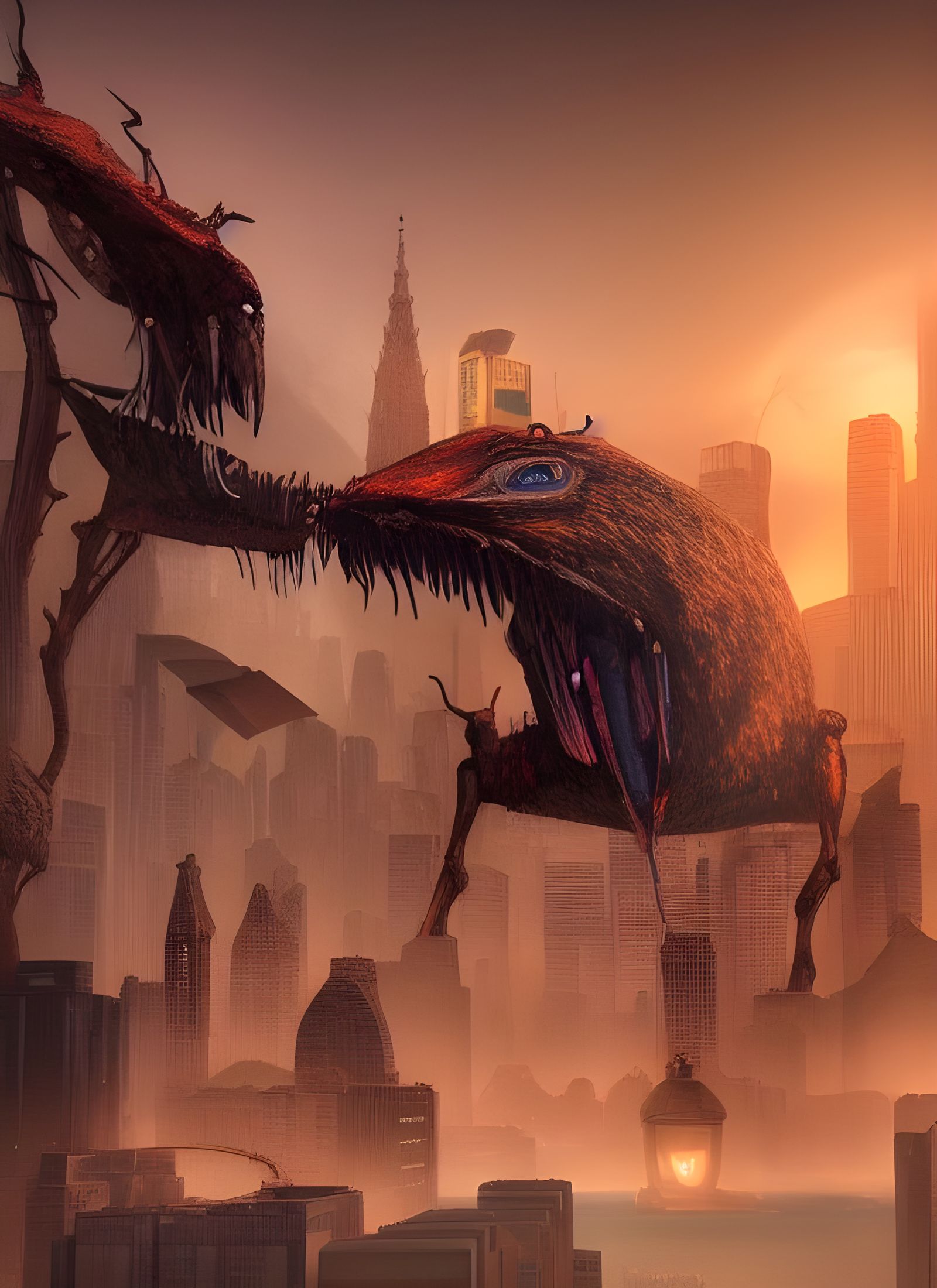 Futuristic Cityscape with Bizarre Creatures in Detailed SFX