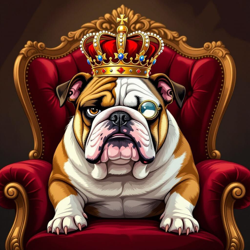 Grumpy Bulldog King with Crown and Monocle