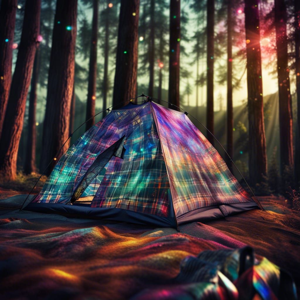 Plaid Tent at Campsite: Cosmic Illustration