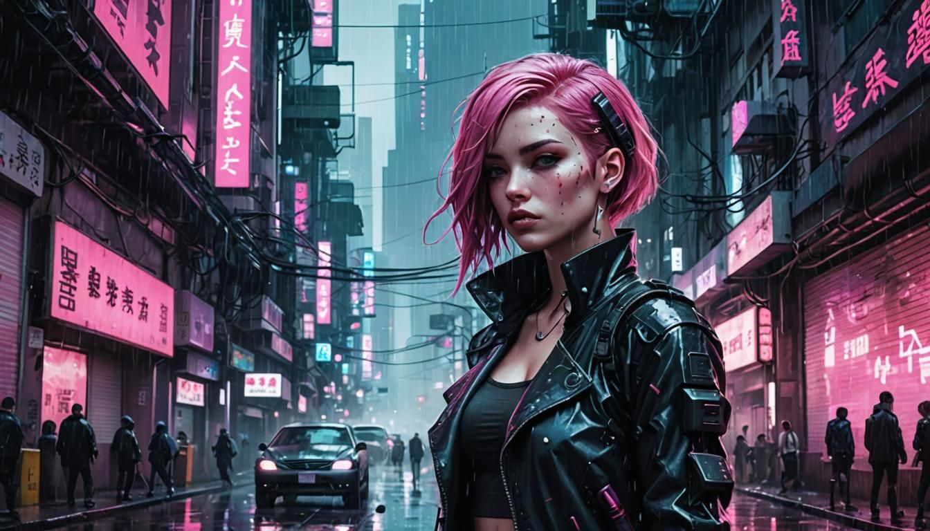 Cyberpunk Android Girl in Rainy City Street