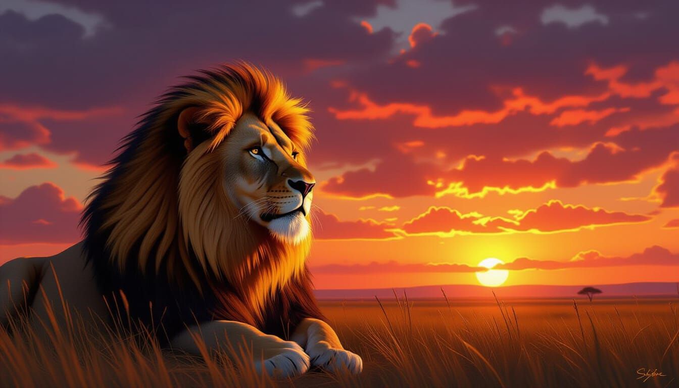 Lion Surveys Savanna Kingdom at Sunset