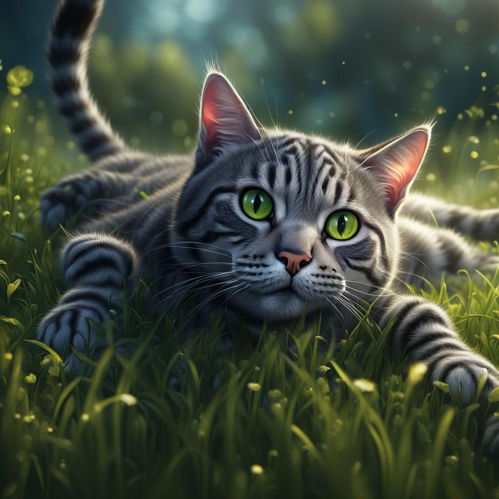 Grey Tabby Cat Relaxing in Grass: Fantasy Art