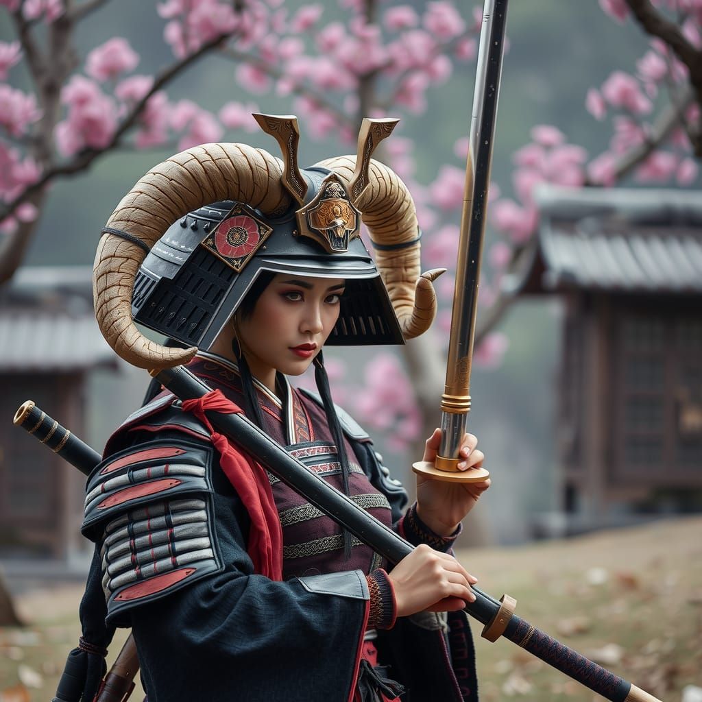 Samurai Woman Training with Android in Japanese Garden