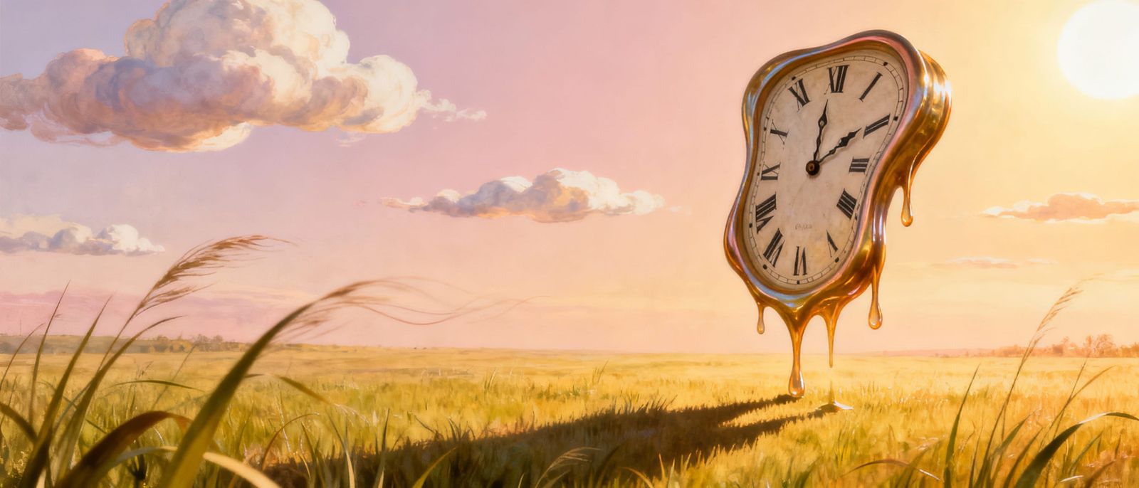 Melting Clock in Sun-Drenched Meadow - Surreal Art