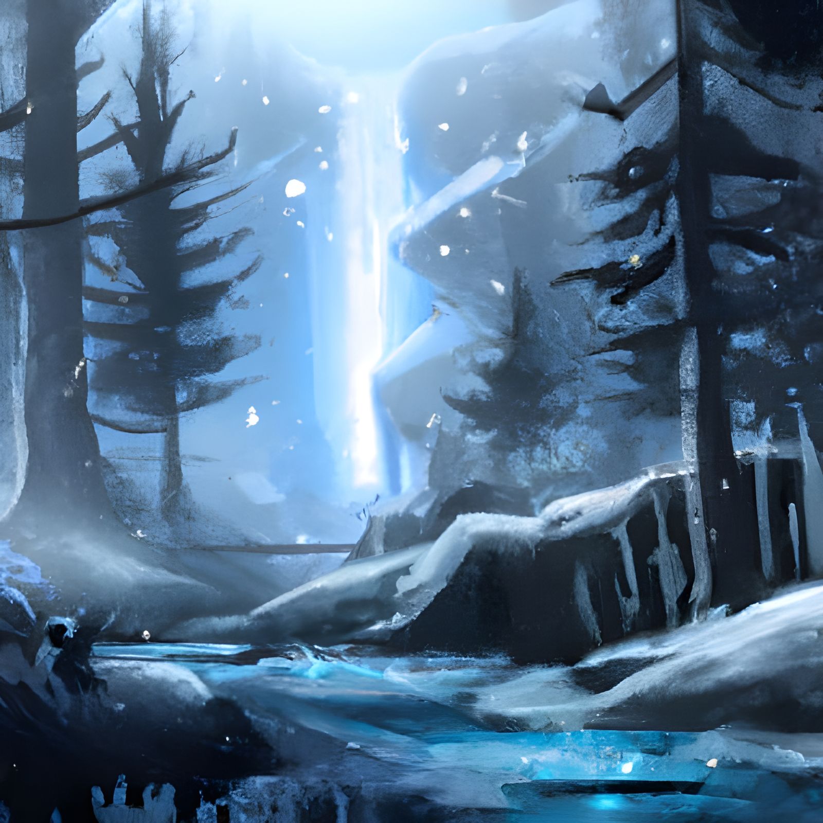 Icy River Flows Through Winter Forest