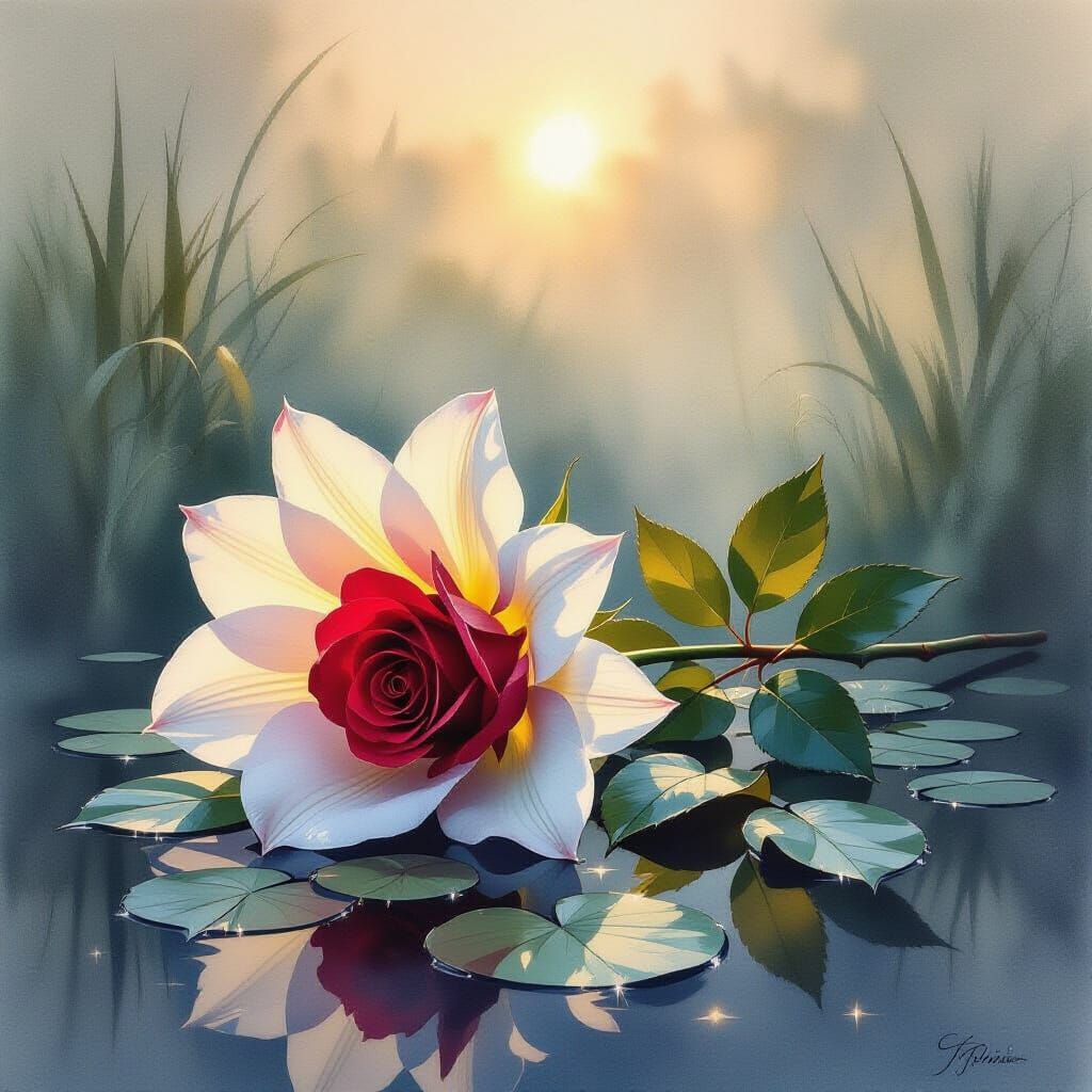 Wilted Rose on Lily Bell at Dawn