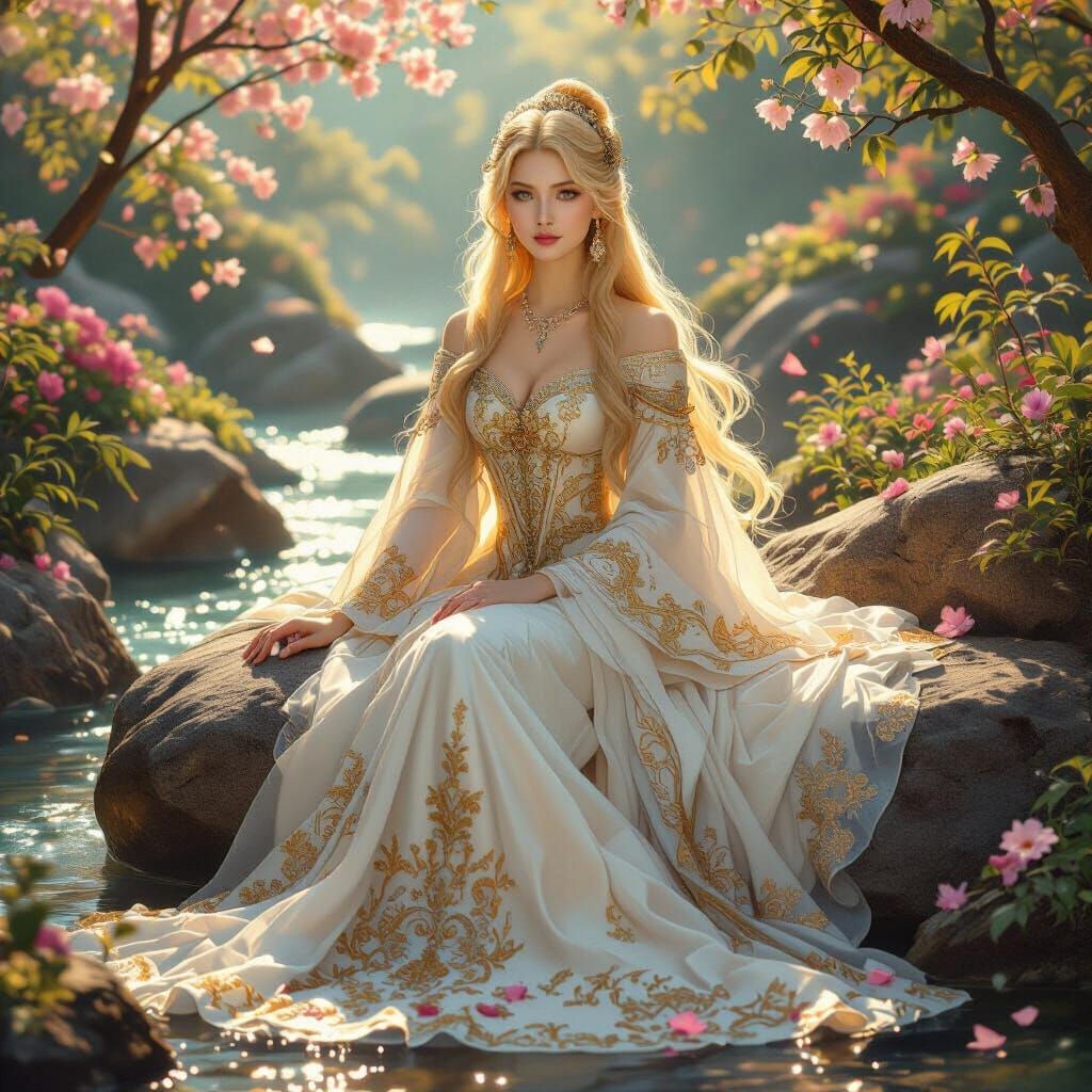 Dreamlike Princess in Gown by Flowing Stream