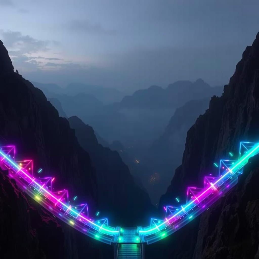 Cyberpunk Glass Bridge Over Majestic Mountains