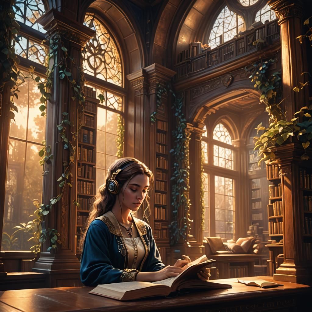 Girl Reading in Fantasy Library, Oil Painting Style