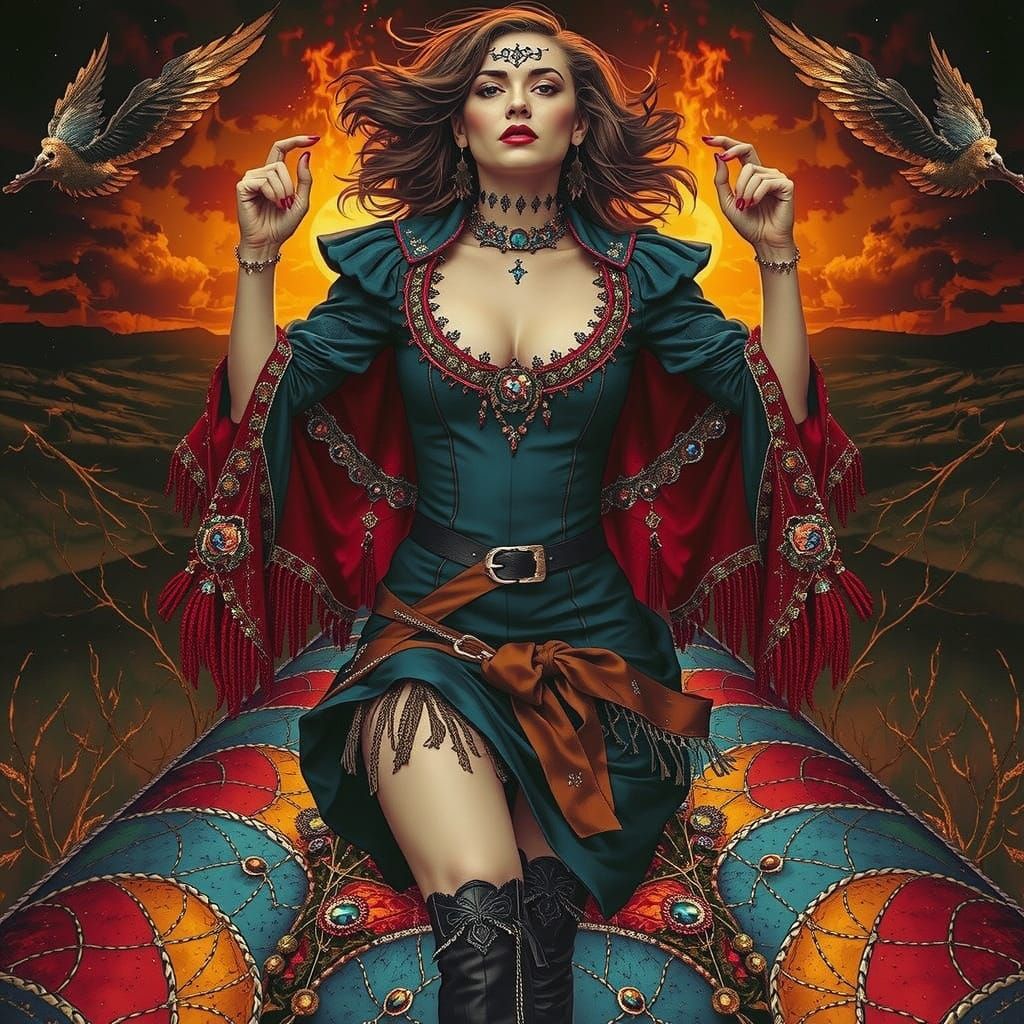 Glamorous Woman on Windswept Moor at Twilight