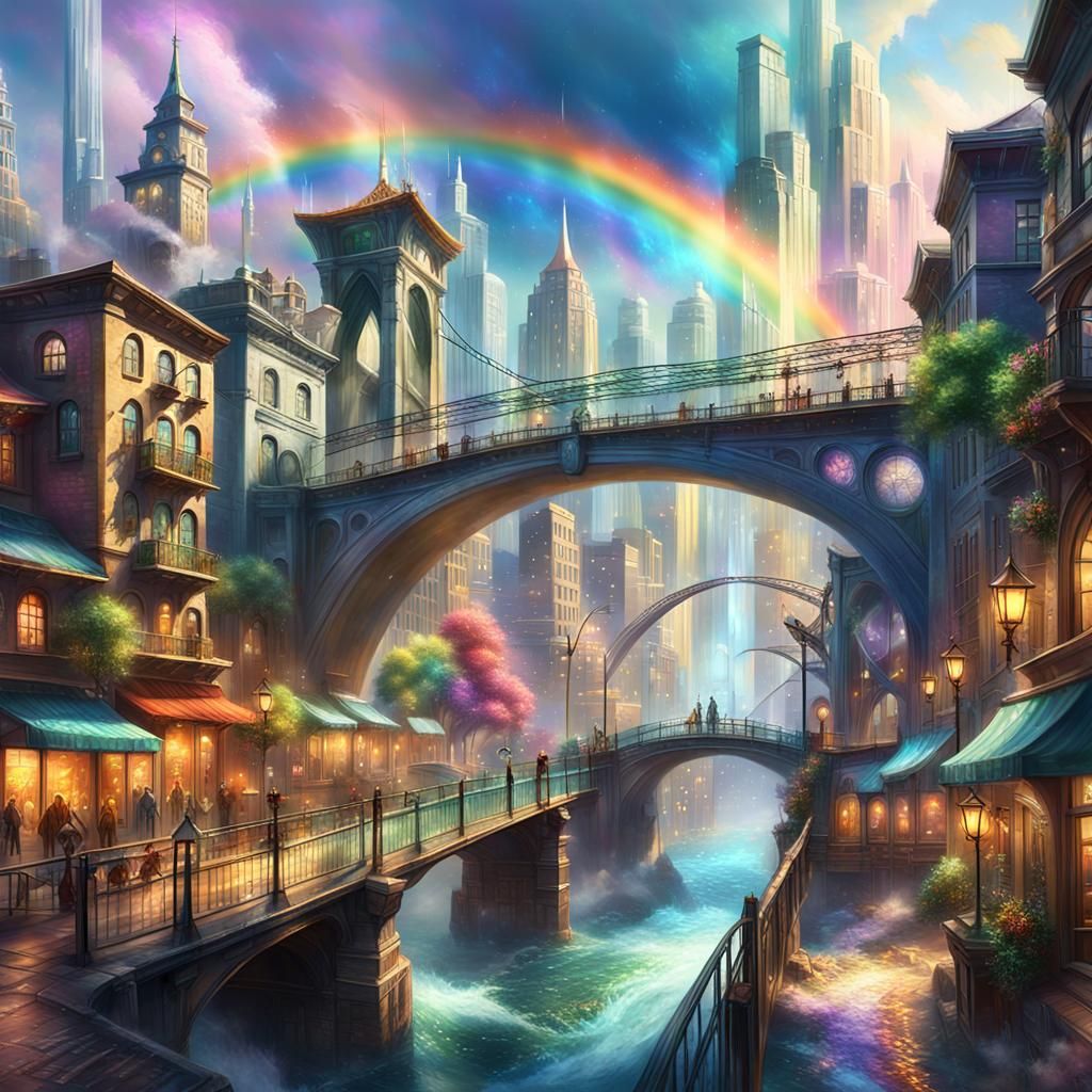 A whimsical illustration featuring rainbow bridge spanning a...