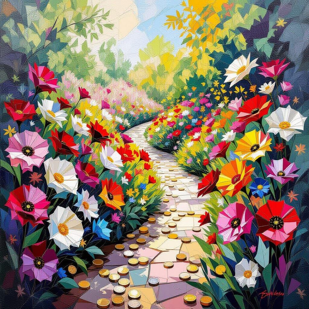 Money Flower Garden with Cubist Geometric Forms