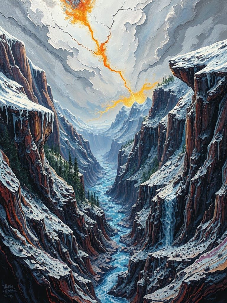 Molten Acrylic Landscape with Snow and Fluorescent Forests