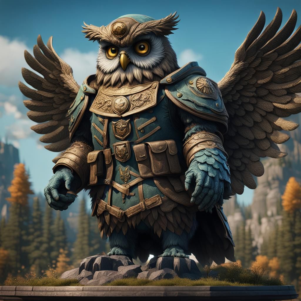 Owlbear Statue in Military Uniform, Detailed Matte Painting