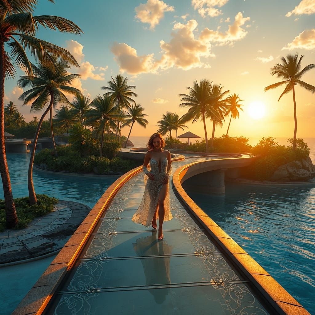 Beautiful Woman on Ocean Catwalk in Cyberpunk Style