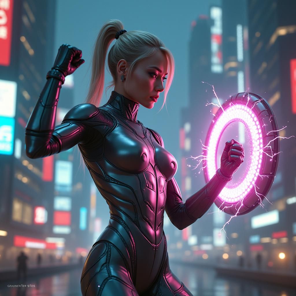 Cyberpunk Superhero with Cyber Ring in Futuristic City