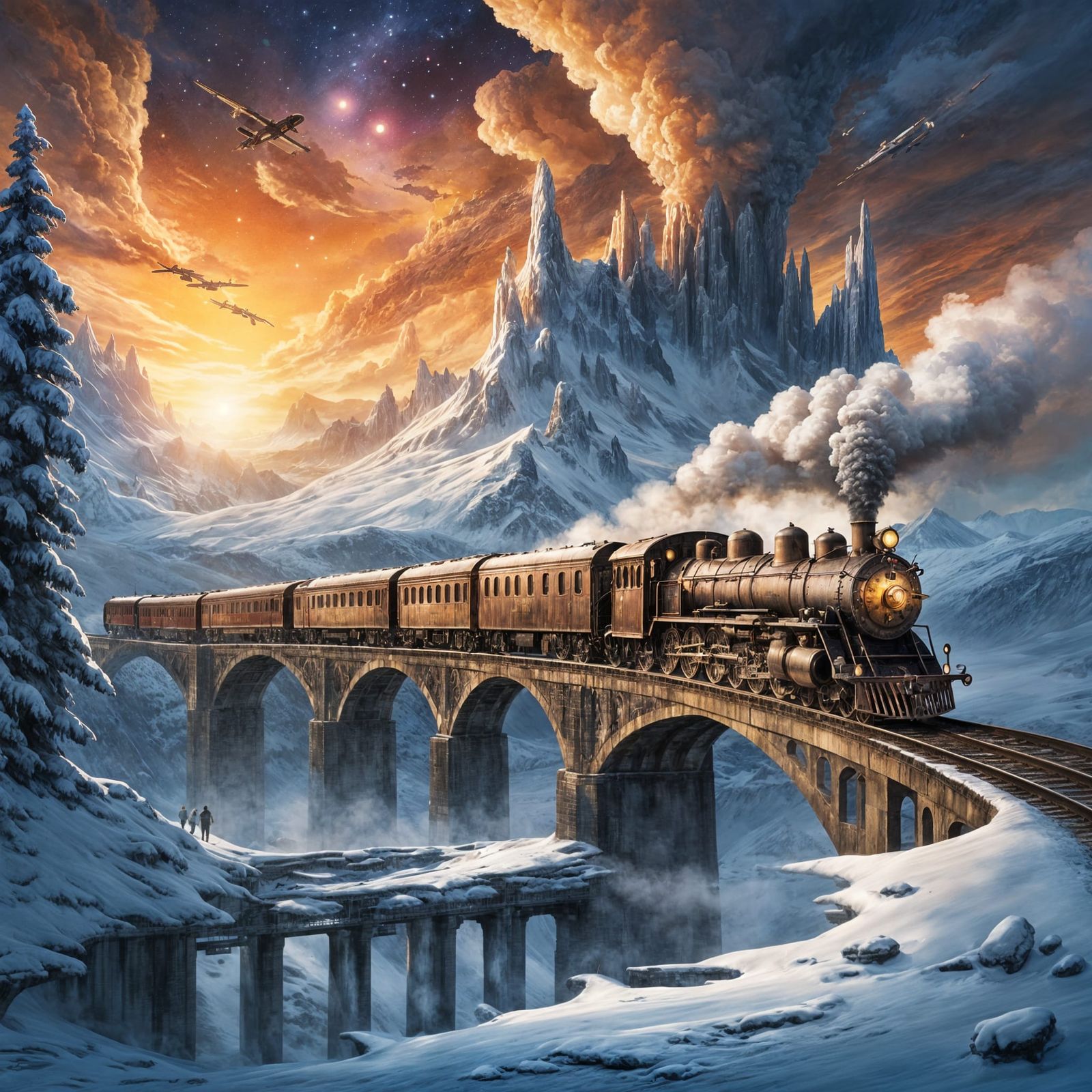 Epic Fantasy Train Crossing Bridge at Sunset, Airships Above