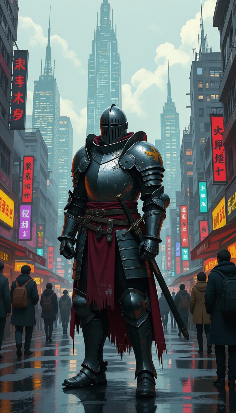 Knight in Shining Armor in Dystopian Cityscape
