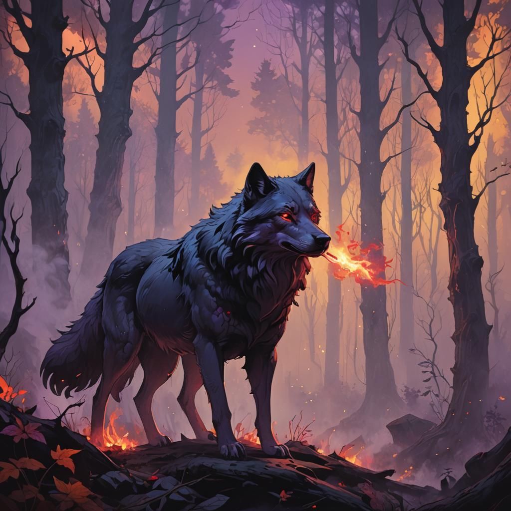 Wolf Smoke Cloud Stalks Through Forest, Dark Fantasy Art
