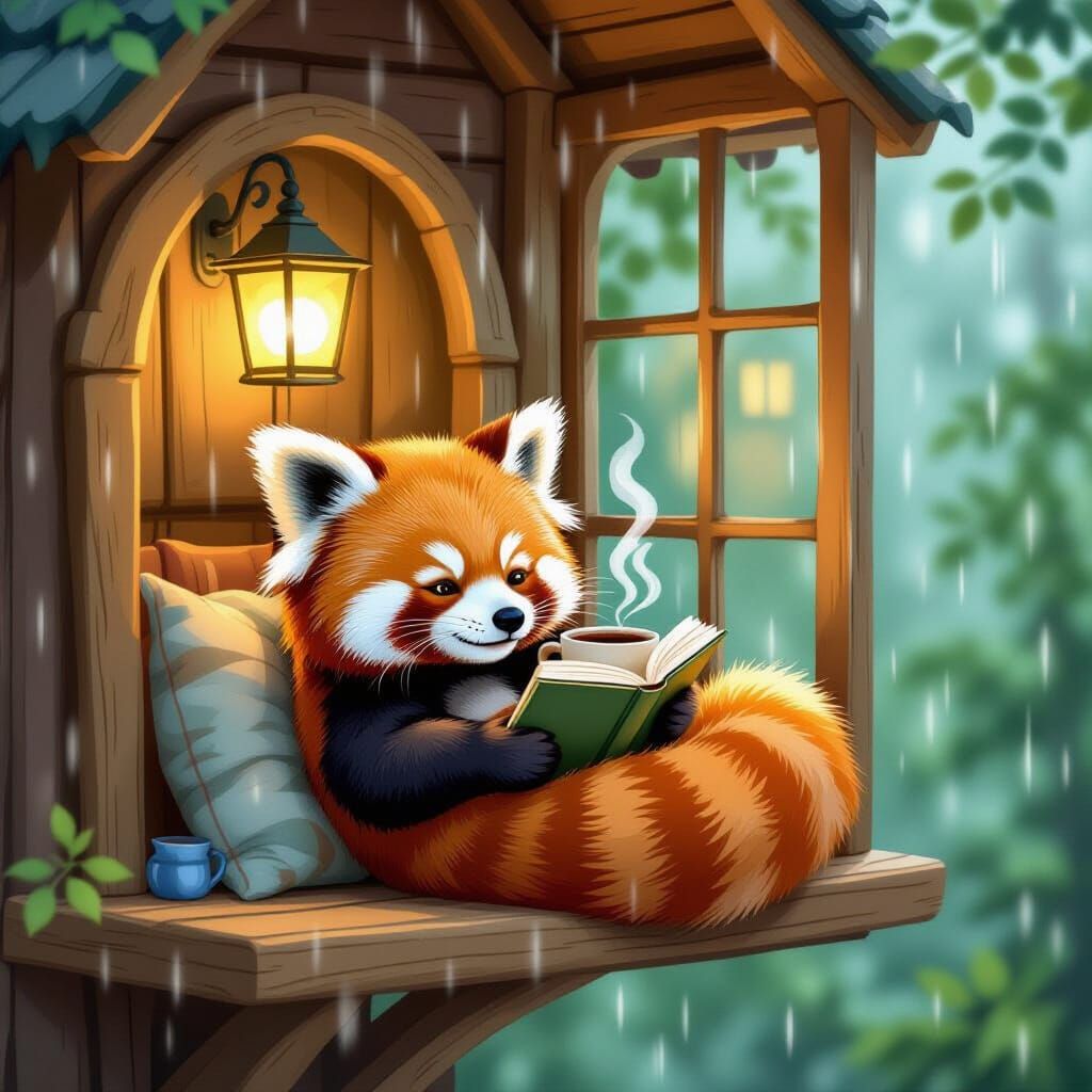 Cozy Red Panda Reading in Treehouse, Whimsical Illustration