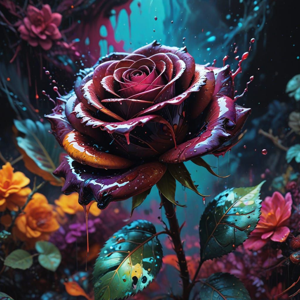 Abstract Rose Stalk in Maroon and Black, Intricately Detaile...