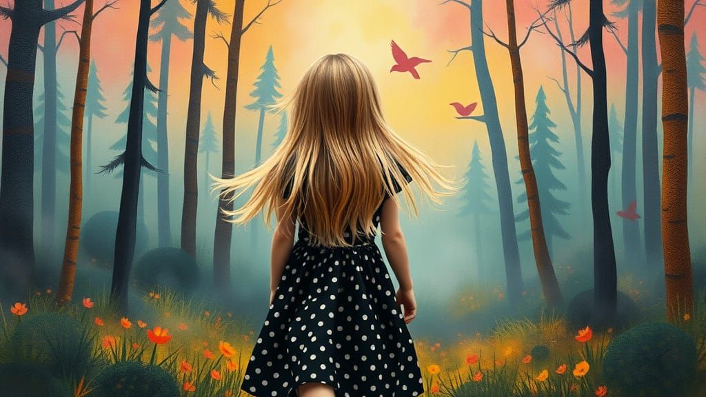Girl in Rainbow Forest: Surreal Naive Art
