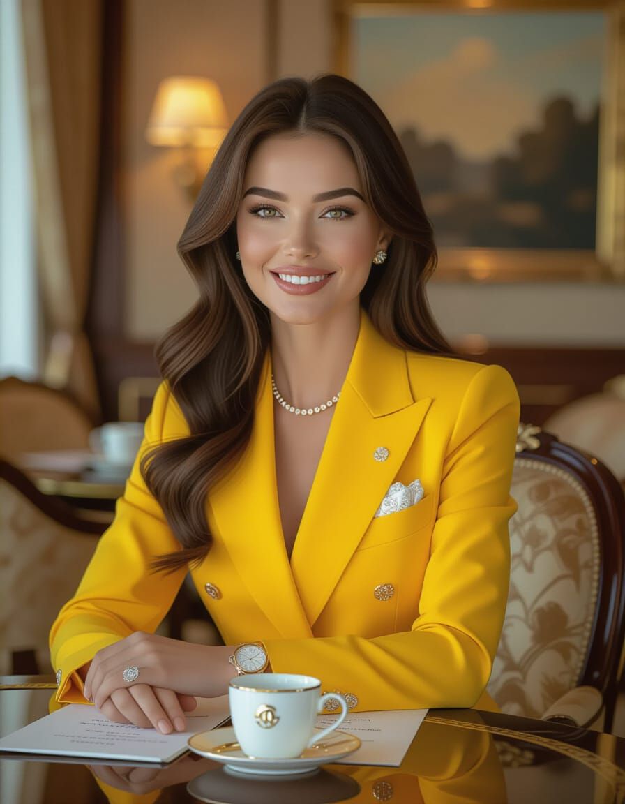 Elegant Russian Woman in Luxury Yellow Suit