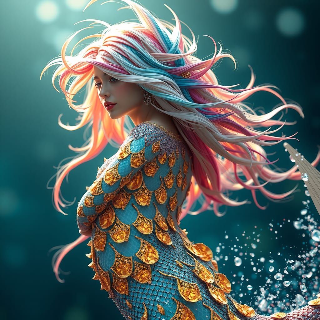 Mermaid Portrait with Sparkling Scales and Rainbow Hair