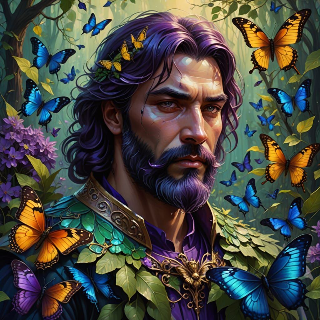 Majestic Astral King Surrounded by Iridescent Butterflies