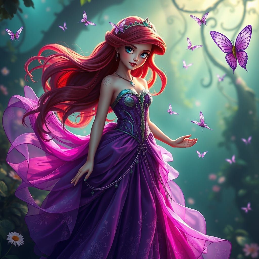 Dreamy Ariel Princess in Whimsical Purple and Green Gown wit...