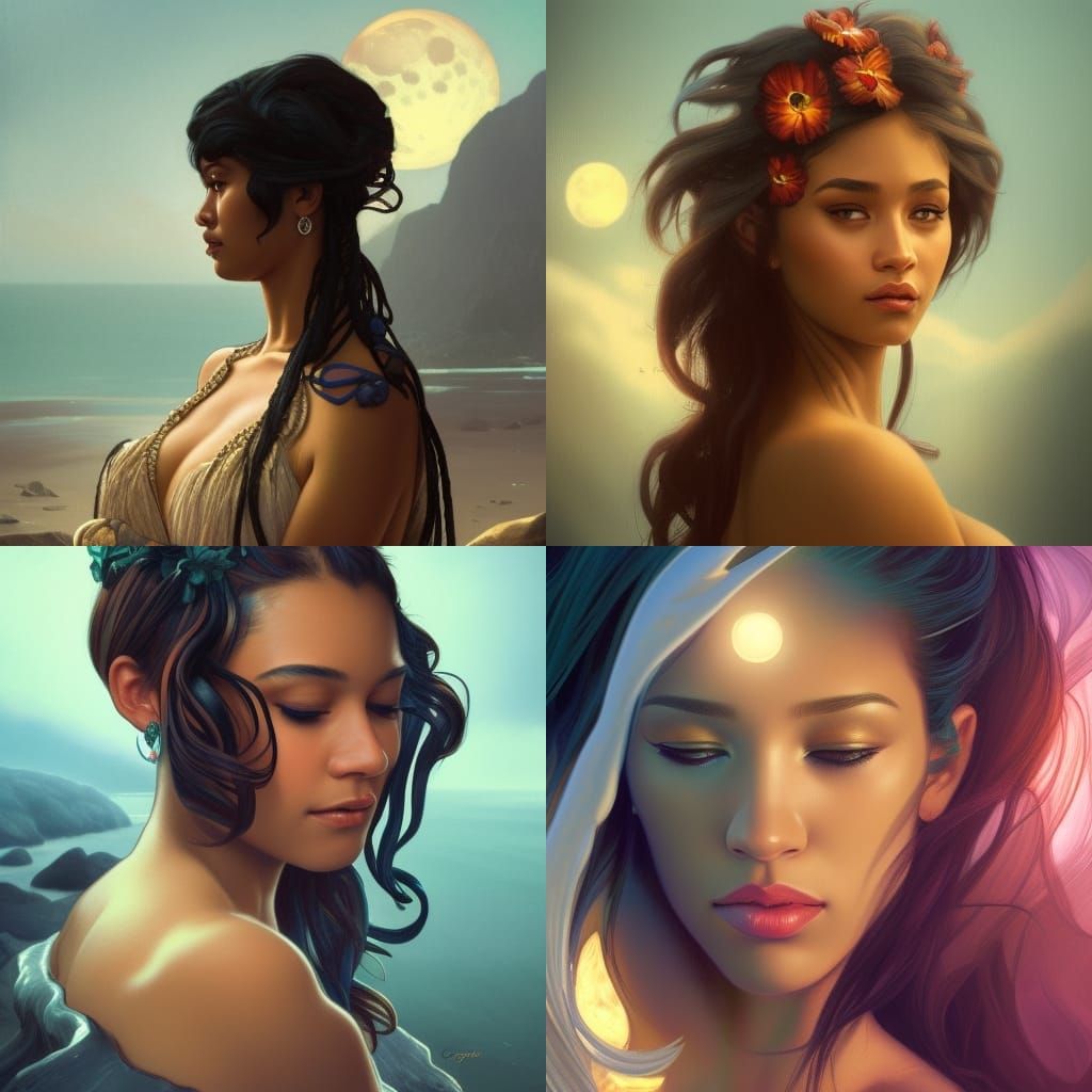Ebony Costena Portrait with Moonlit Beach, Hyperdetailed Art
